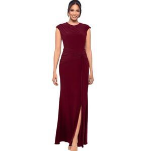 BETSY & ADAM Petite Cap Sleeve Gathered Gown Deep Burgundy Size 6P